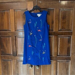 Victoria Holley Linen Blend Sheath Dress Blue Embroidered Fish Size 10 Vintage